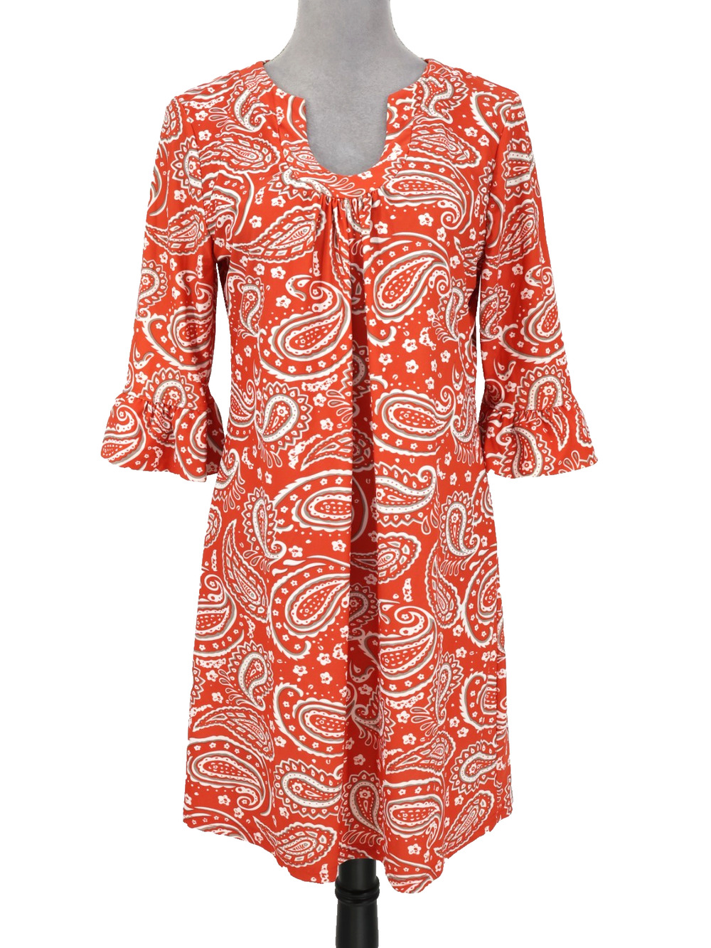 Aryeh Dress Womens Medium Orange Paisley Stretch Knit Bell Sleeves Front Pleat